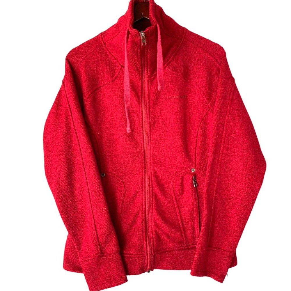 Avalanche Knit Jacket Medium High Funnel Neck Zip Pockets Pink Red Cozy Fitted